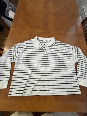 Primark XL White and Black Striped Long Sleeve Polo Shirt